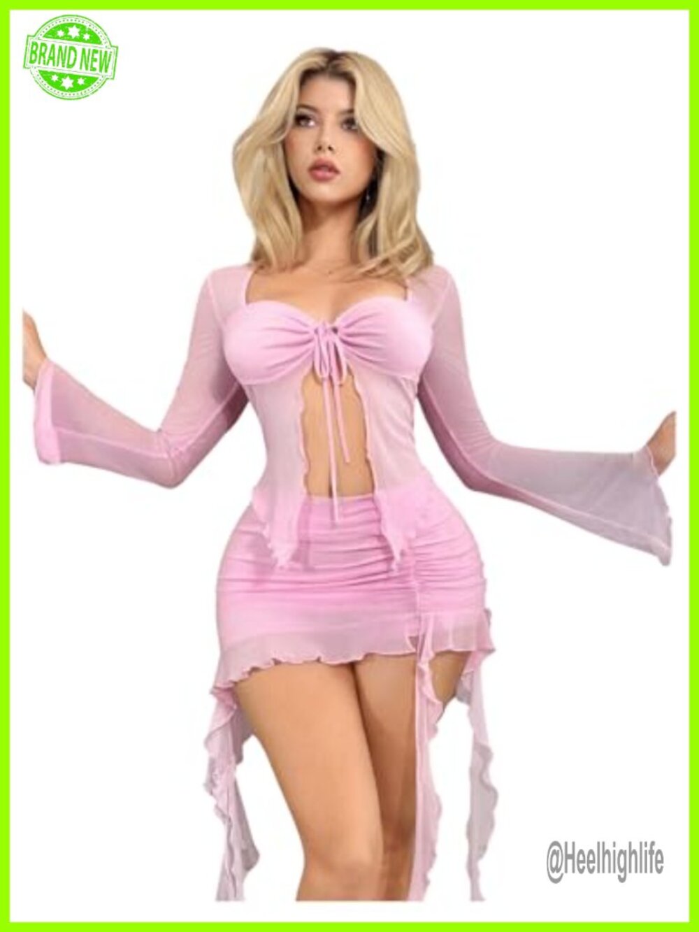 2 Piece Set Bell Sleeve Sheer Mesh Crop Top Mini Skirt Y2K